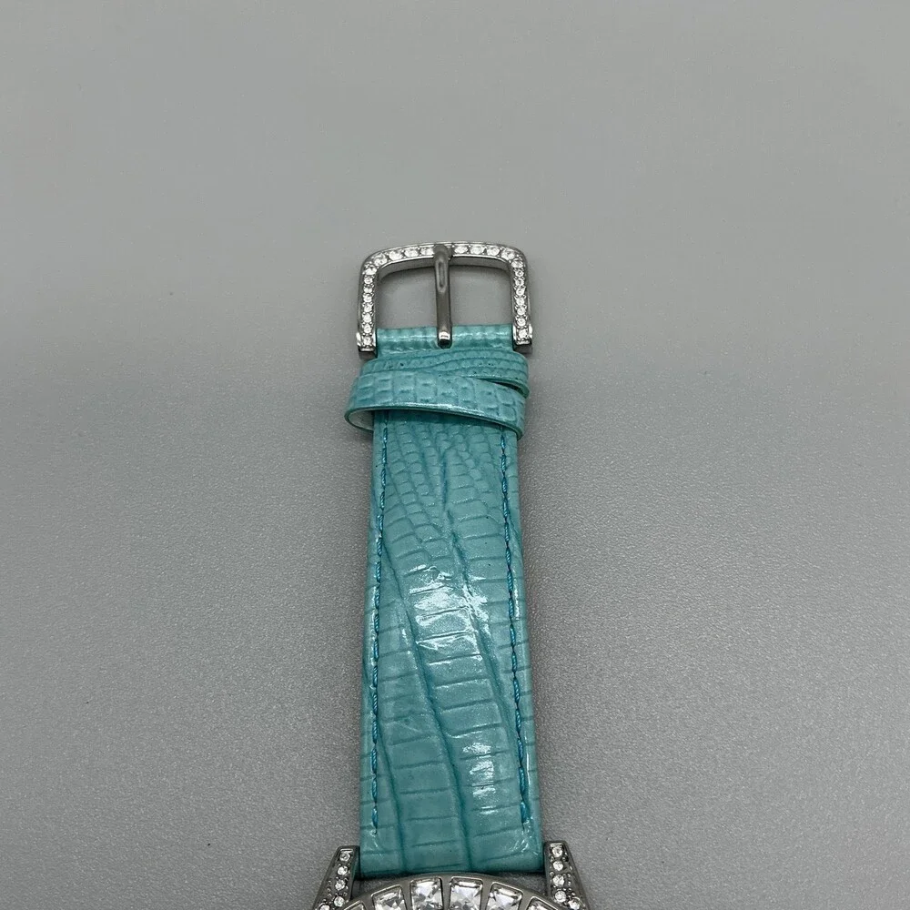 Victoria Wieck Womens Watch 42mm Silver Tone Aqua Leather Crystals New Battery